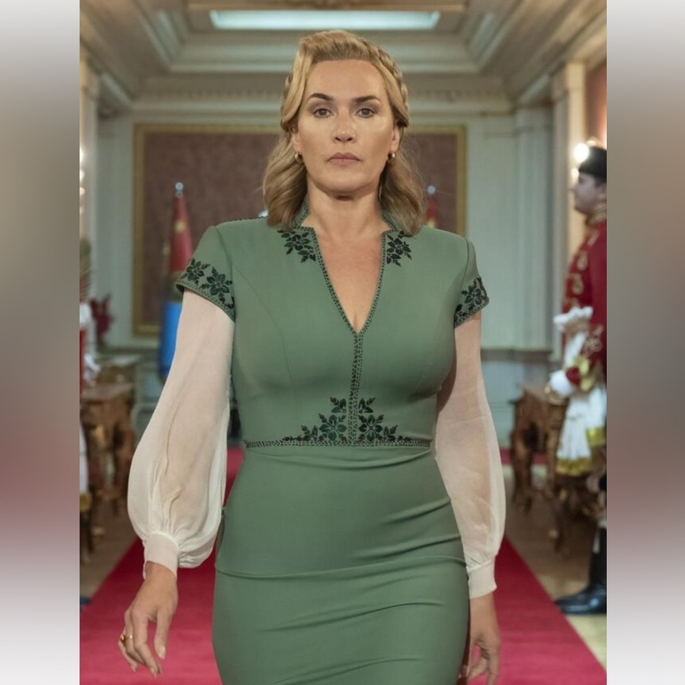 Regime TV inspired Kate Winslet Power Dress in Sage Green with Poet Sleeves